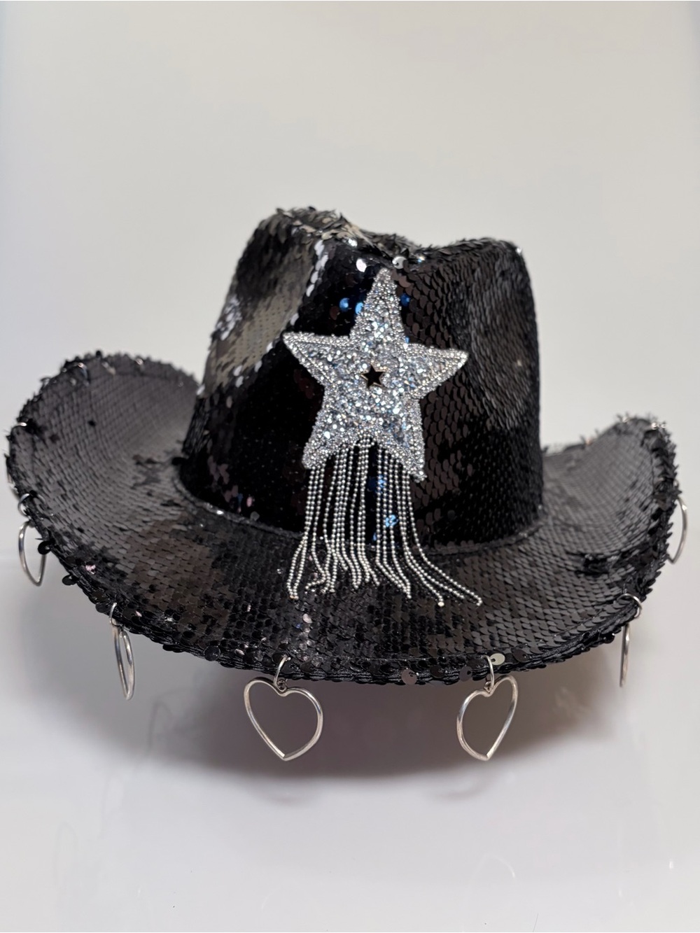 Flip Sequin Cowboy Hat Black Silver Reversible with Rhinestone Star & Hearts